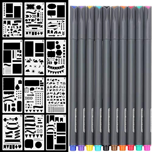 Fineliner 10 Colored pens and 4x7 Inch Stencils,...