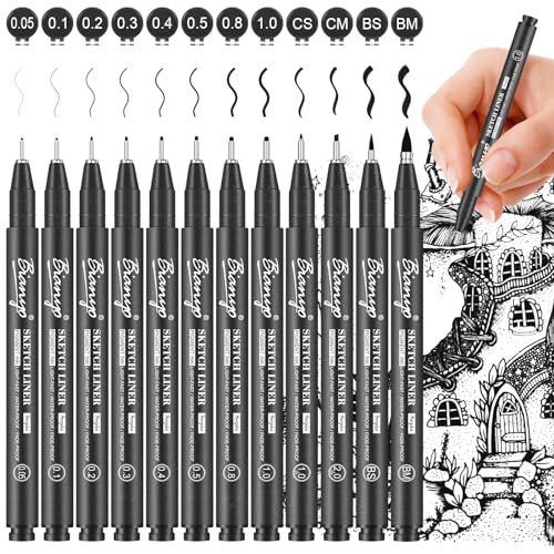 Bianyo Black Micro Pen Set - 12 Assorted Sizes...